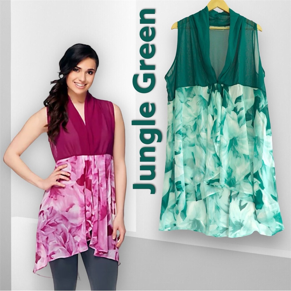 George Simonton Draped Printed Chiffon Duster Vest, NWT 2X Jungle Green A253680